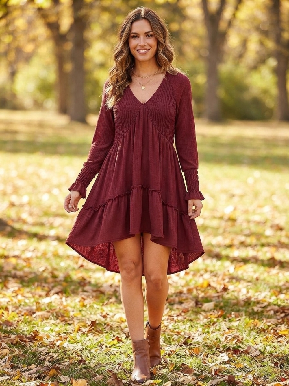 Jolie & Joy Smocked Terracotta Babydoll High-Low Fall Mini Dress M